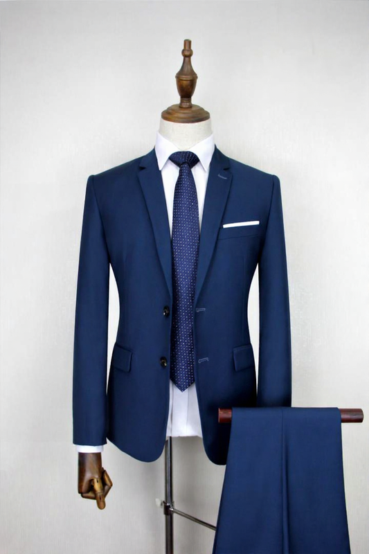 Classic Navy Blue Two-Button Business Suit with Pocket Square