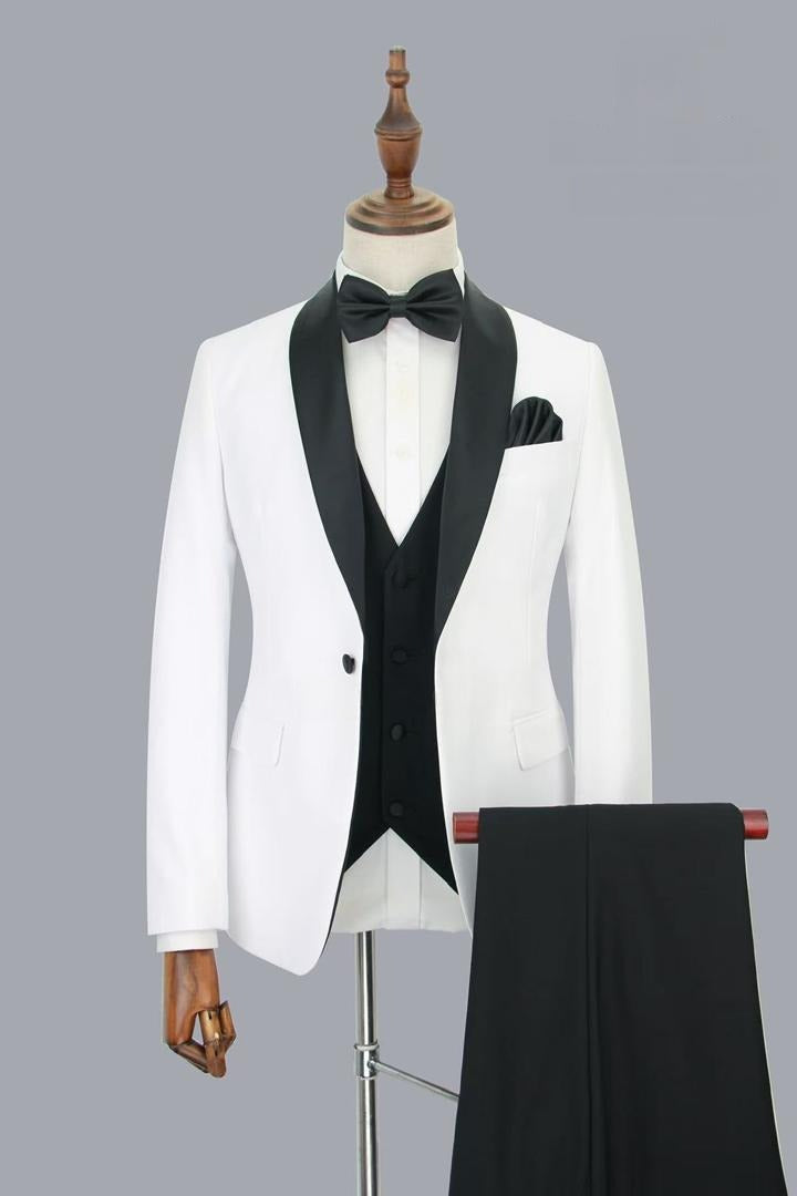 Classic White & Black Notch Lapel Tuxedo Suit with Waistcoat