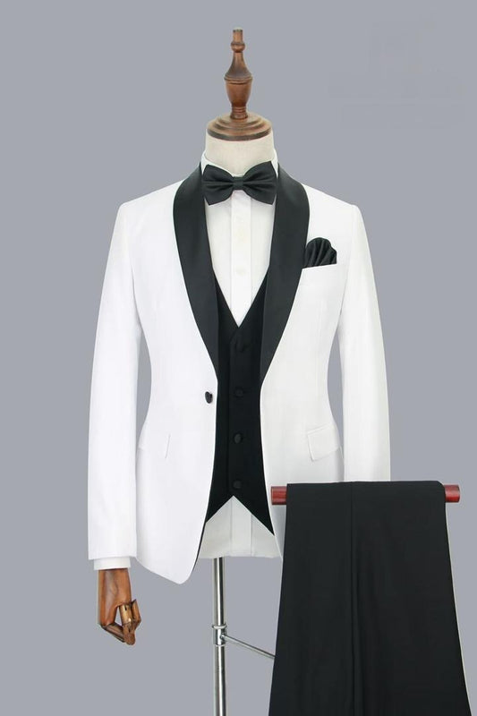 Classic White & Black Notch Lapel Tuxedo Suit with Waistcoat