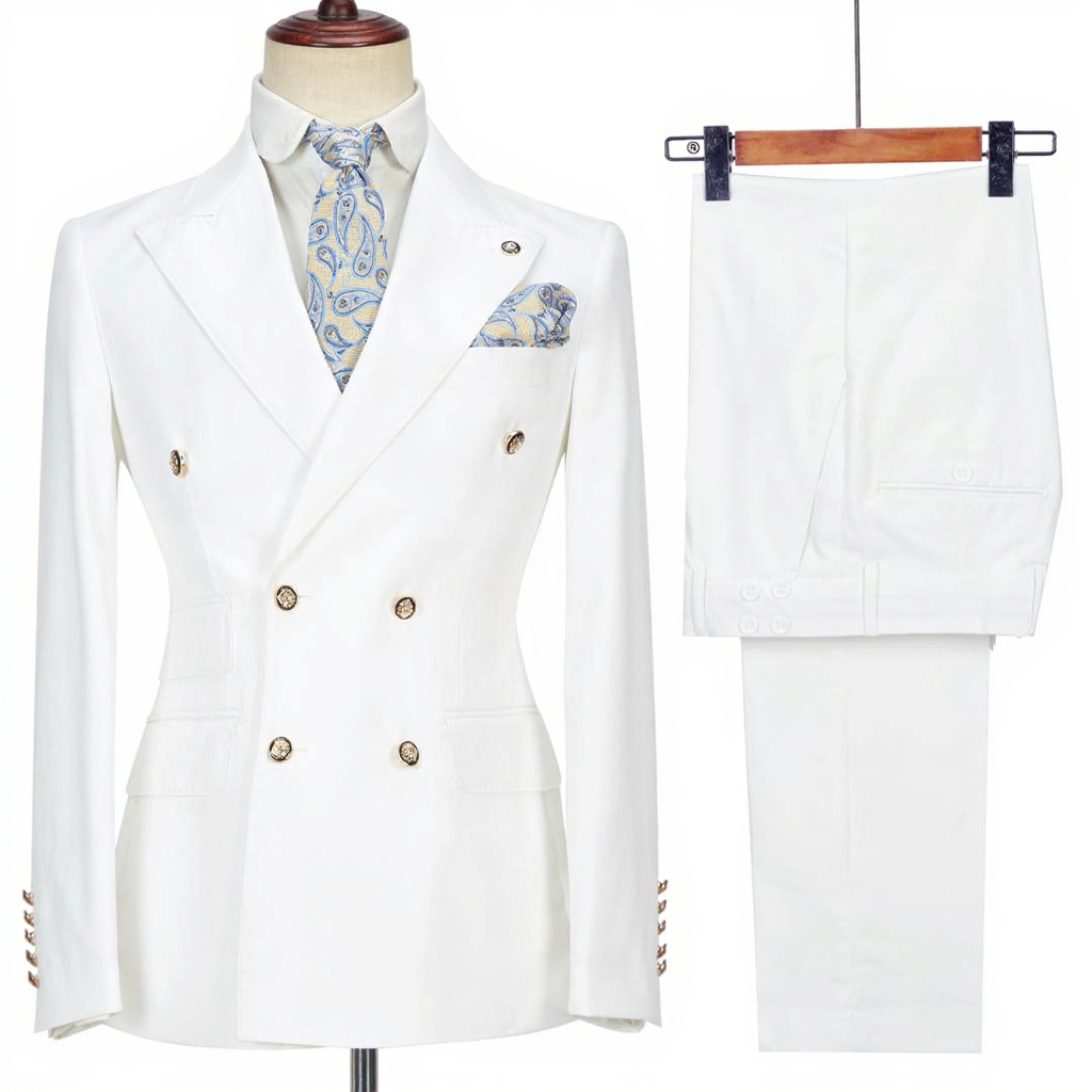 Elegant White Double-Breasted Peak Lapel Suit with Gold Buttons