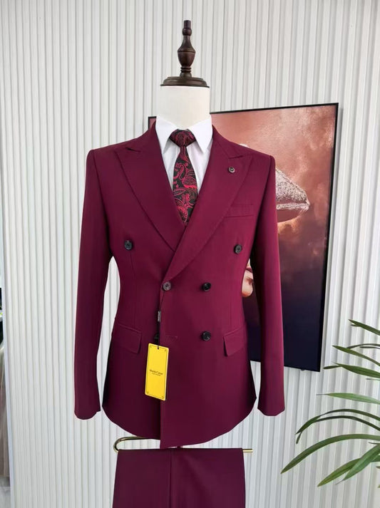 Burgundy Double-Breasted Peak Lapel Suit with Boutique Tag